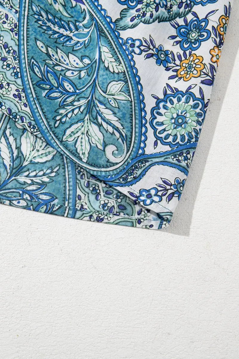 Blue Bohemian Paisley Floral V Neck Short Sleeve Mini Dress - Love Salve